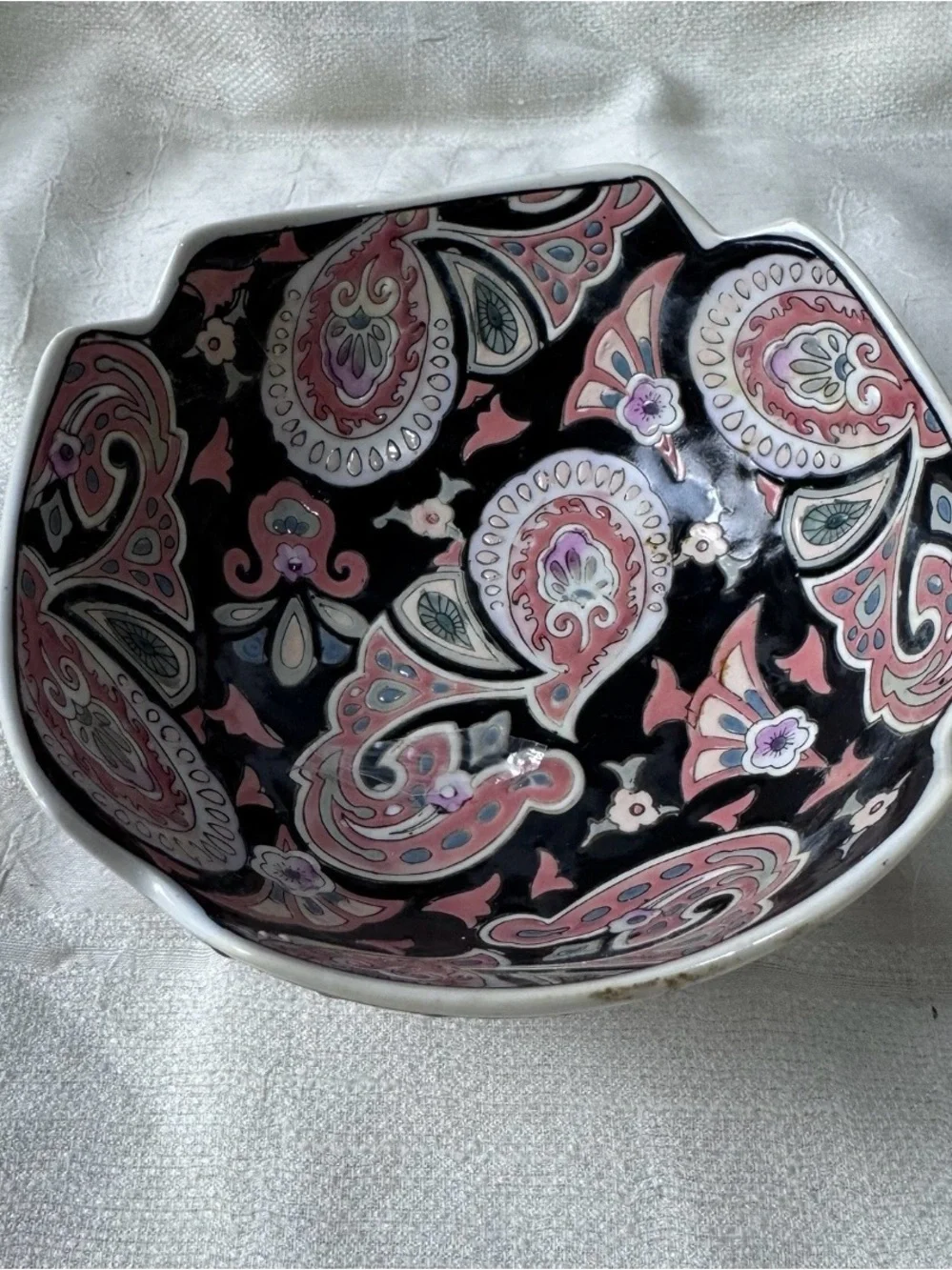 Vintage Famille Noire Style Black Pink Paisley Porcelain Bowl